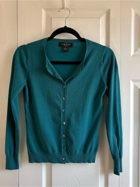 August Silk Blend Seafoam Blue Button Cardigan Career Preppy Teacher SP Coquette
